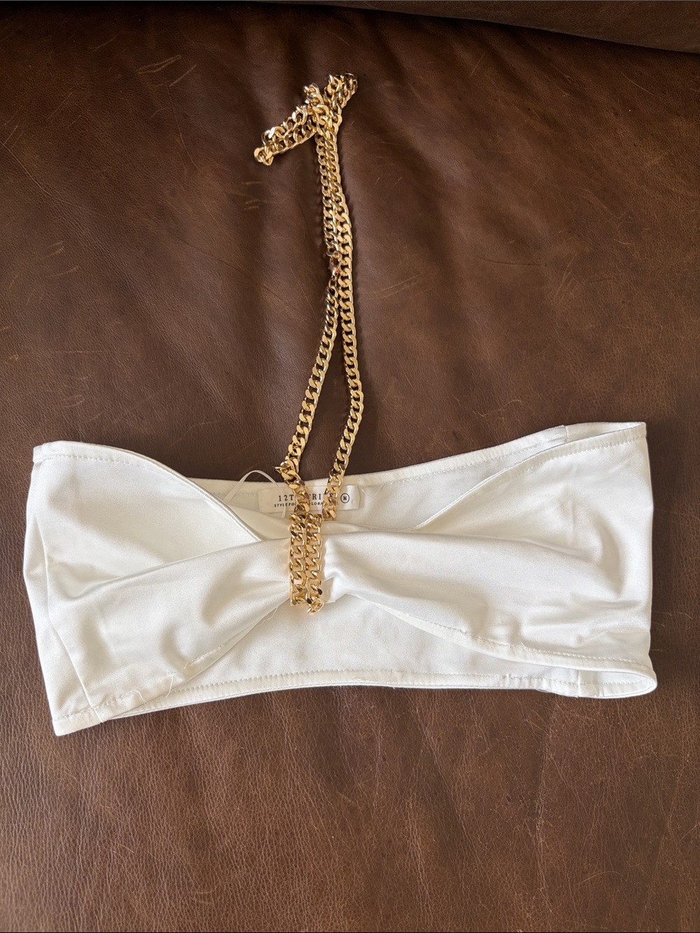 White Satin Bandeau Top with Gold Chain Strap
